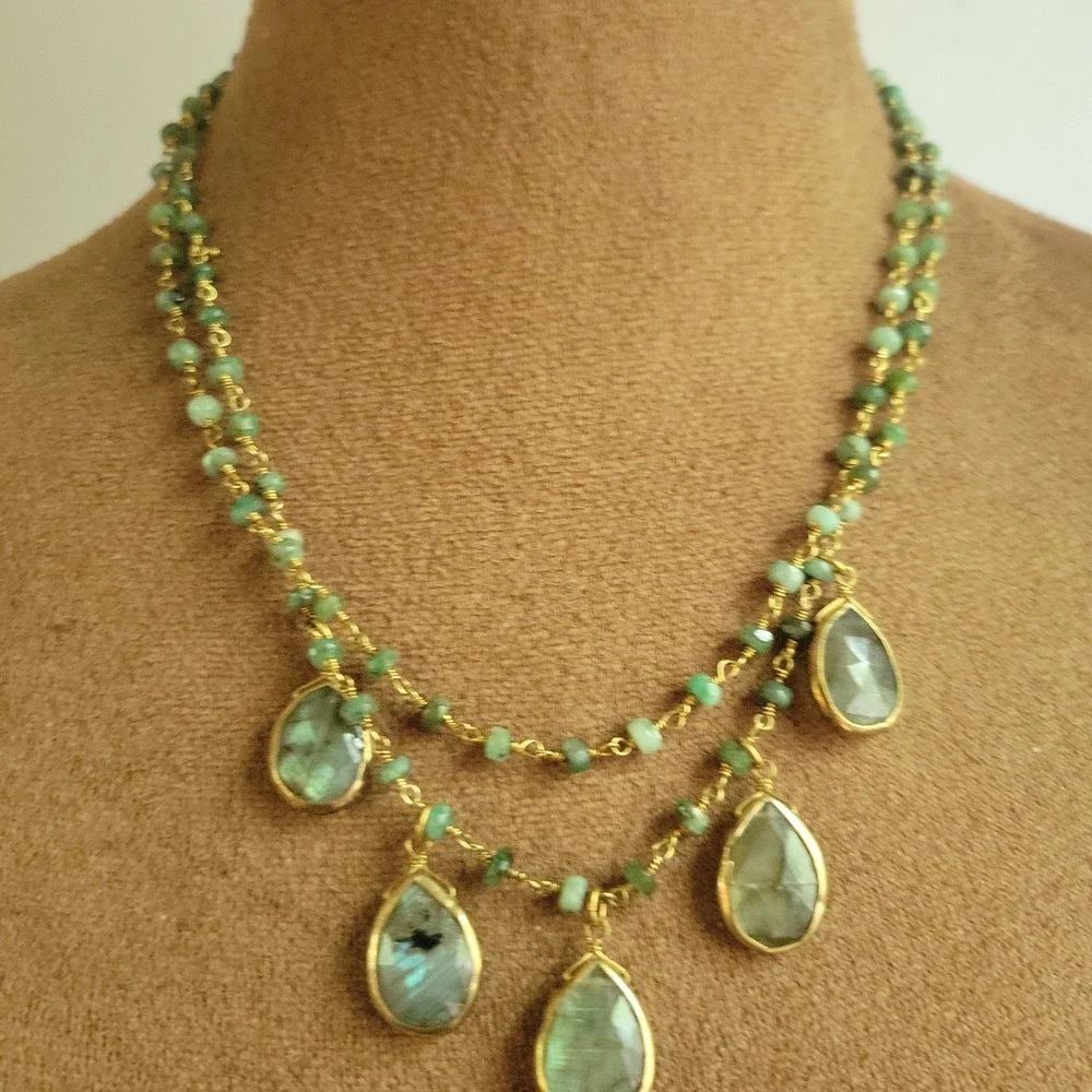 Rachel Reinhardt Green Gemstone Beaded Teardrop Necklace 18